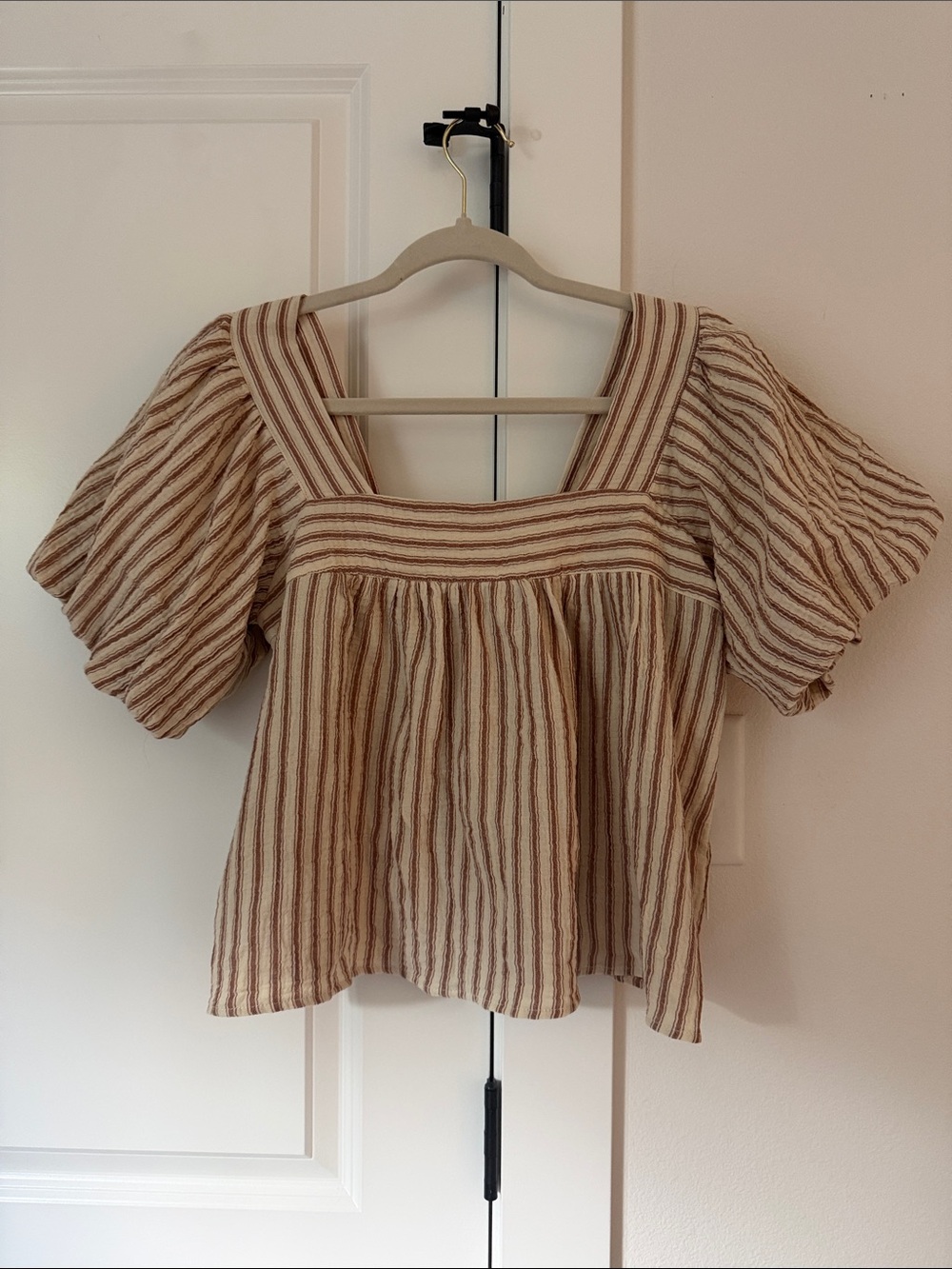 Everly Beige and Brown Striped Square Neck Peasant Blouse